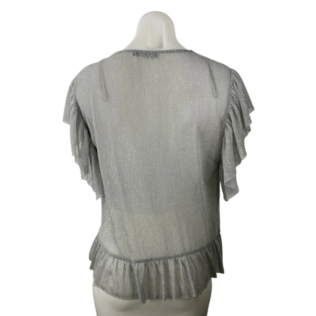 Zara Women's Gray Silver Metallic Sparkle Ruffle Flutter Sleeve Blouse Top Sz M - Image 3
