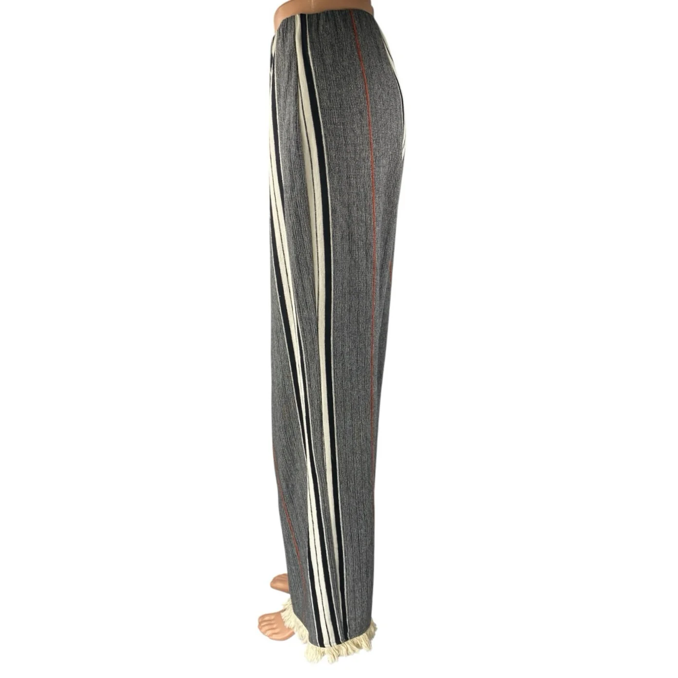 Zara Women's Gray Striped Fringe Elastic Waist Wide Leg Palazzo Trousers Pants M - Image 2