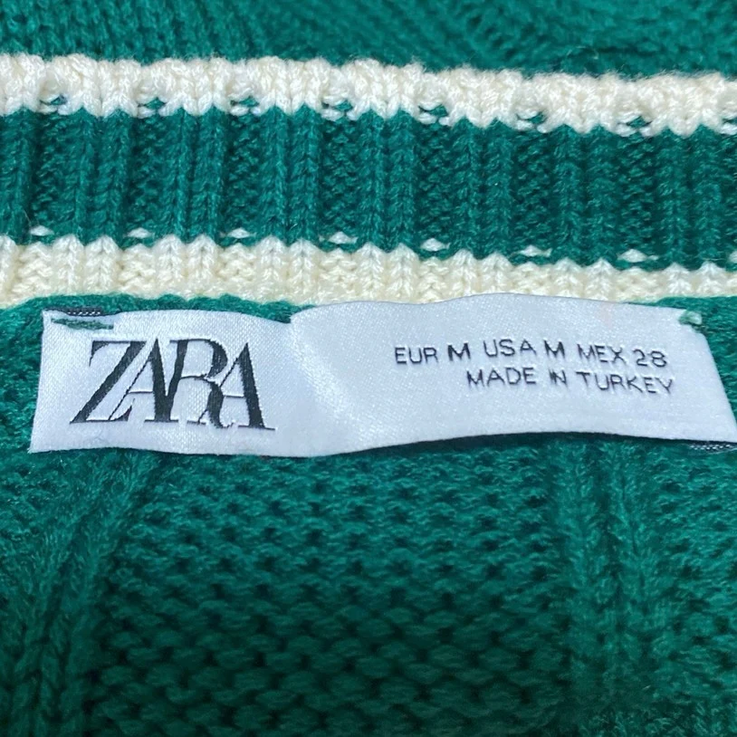 Zara Women's Green Cable Knit V-neck Long Sleeve Sweatshirt Sweater Top Size M - Image 3