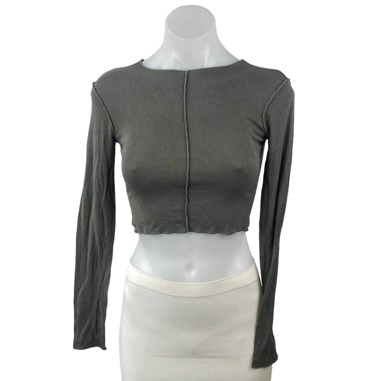 Zara Women's Green Expose Seam Crew Neck Long Sleeve Slim Crop T-Shirt Top Sz S