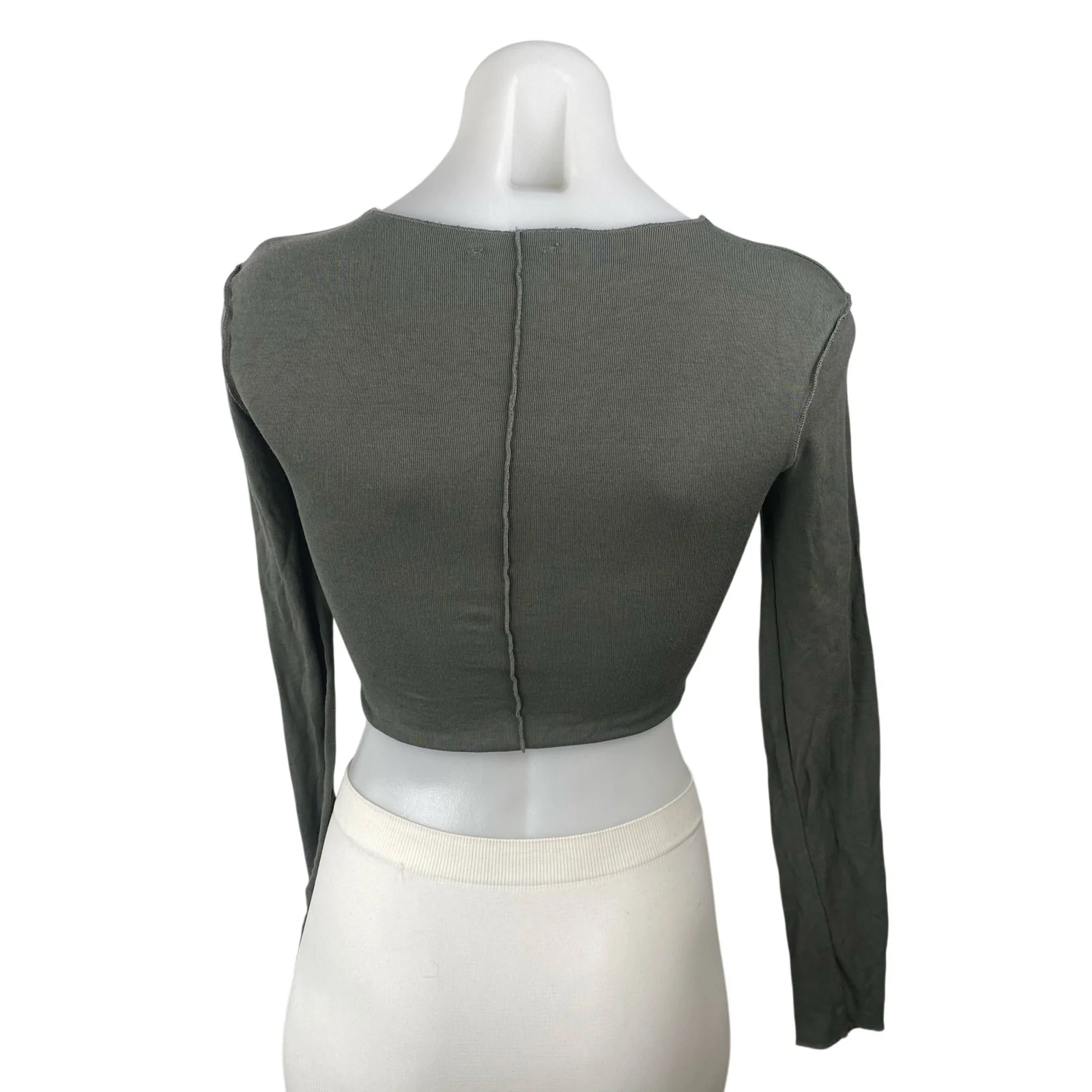 Zara Women's Green Expose Seam Crew Neck Long Sleeve Slim Crop T-Shirt Top Sz S - Image 4