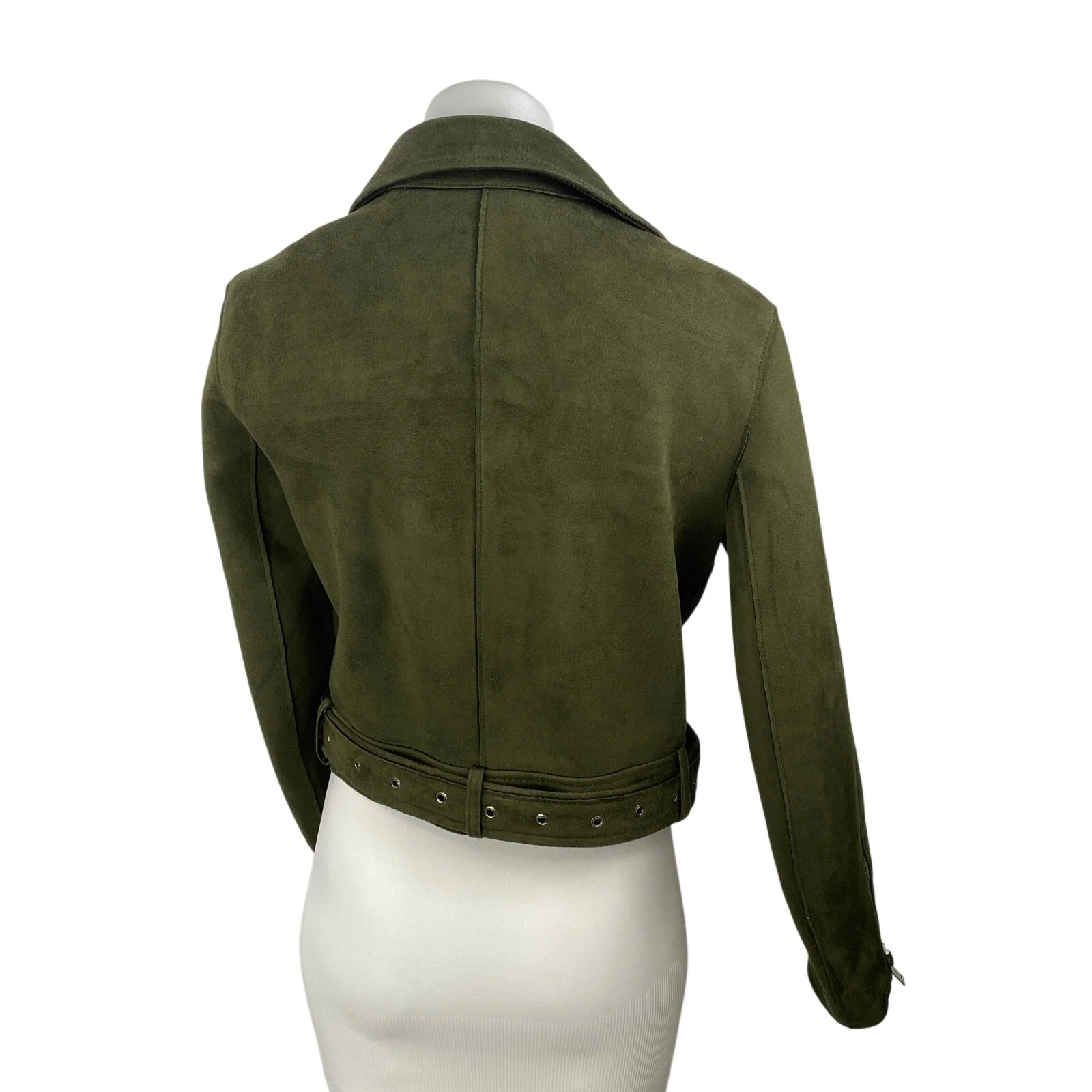 Zara Women's Green Faux Suede Belted Full Zip Crop Moto Biker Coat Jacket Size M - Image 4