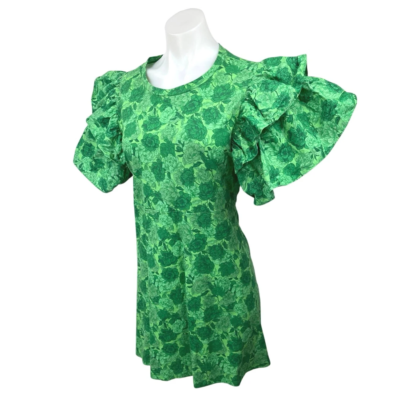 Zara Women's Green Floral Print Short Ruffle Flutter Sleeve Mini Shift Dress L