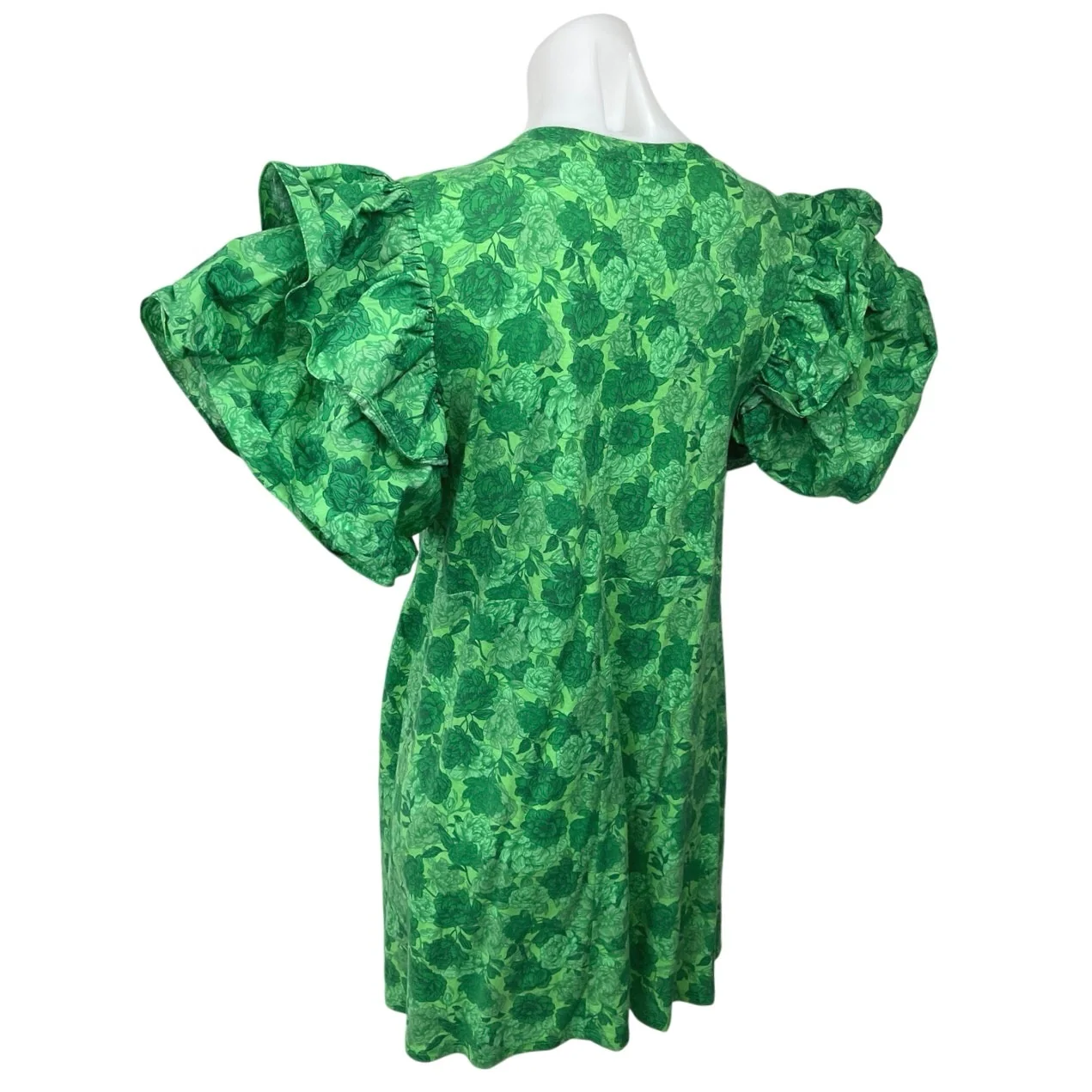 Zara Women's Green Floral Print Short Ruffle Flutter Sleeve Mini Shift Dress L - Image 6