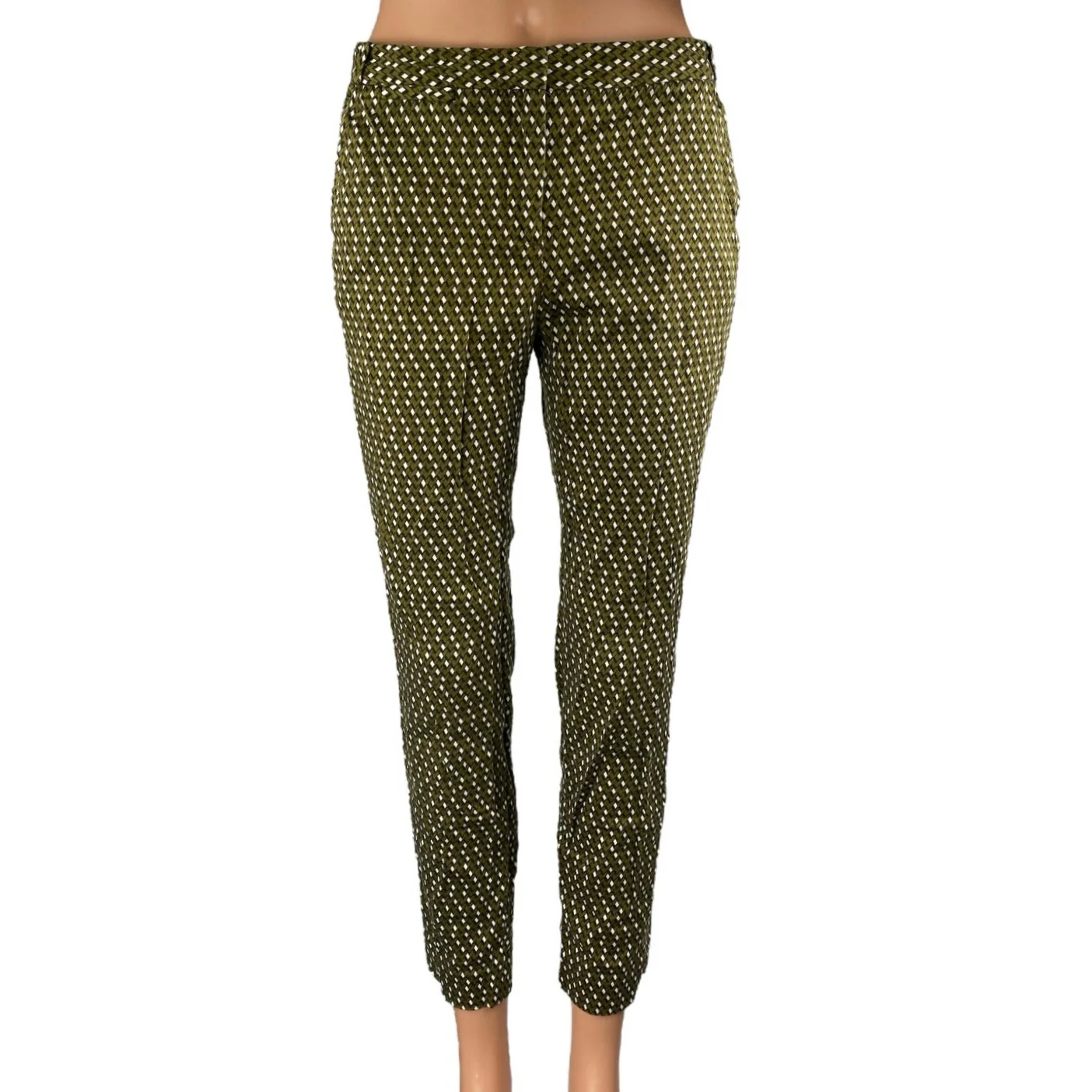 Zara Women's Green Geometric Mid Rise Slim Straight Skinny Crop Trousers Pants 4