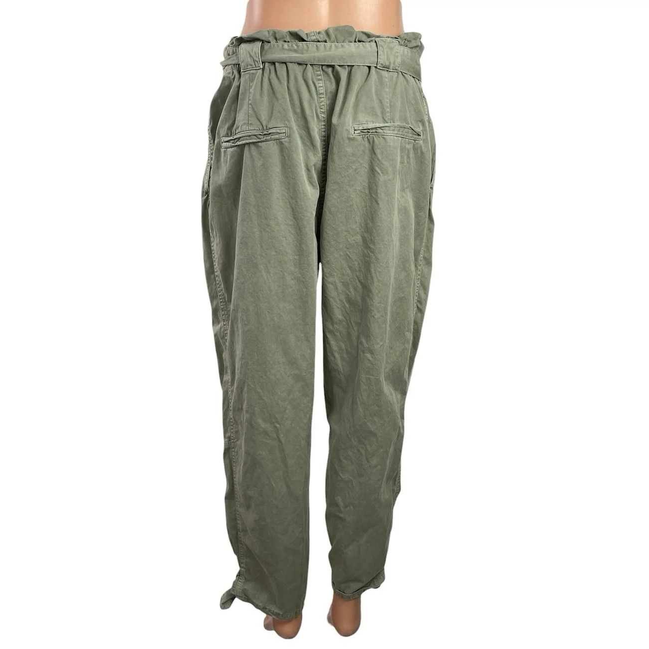 Zara Women's Green High Rise Tie Waist Tapered Paperbag Trousers Pants Size 10 - Image 3
