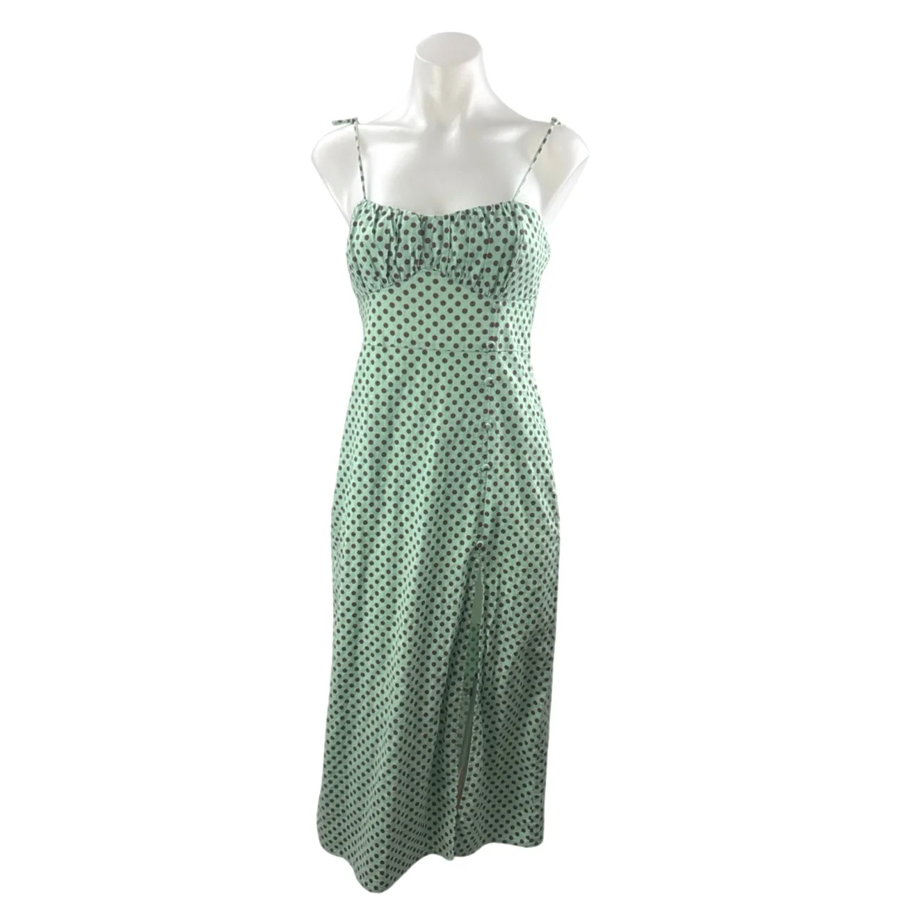Zara Women's Green Linen Polka Dot Slit Bustier Midi Cami Tank A-Line Dress Sz S