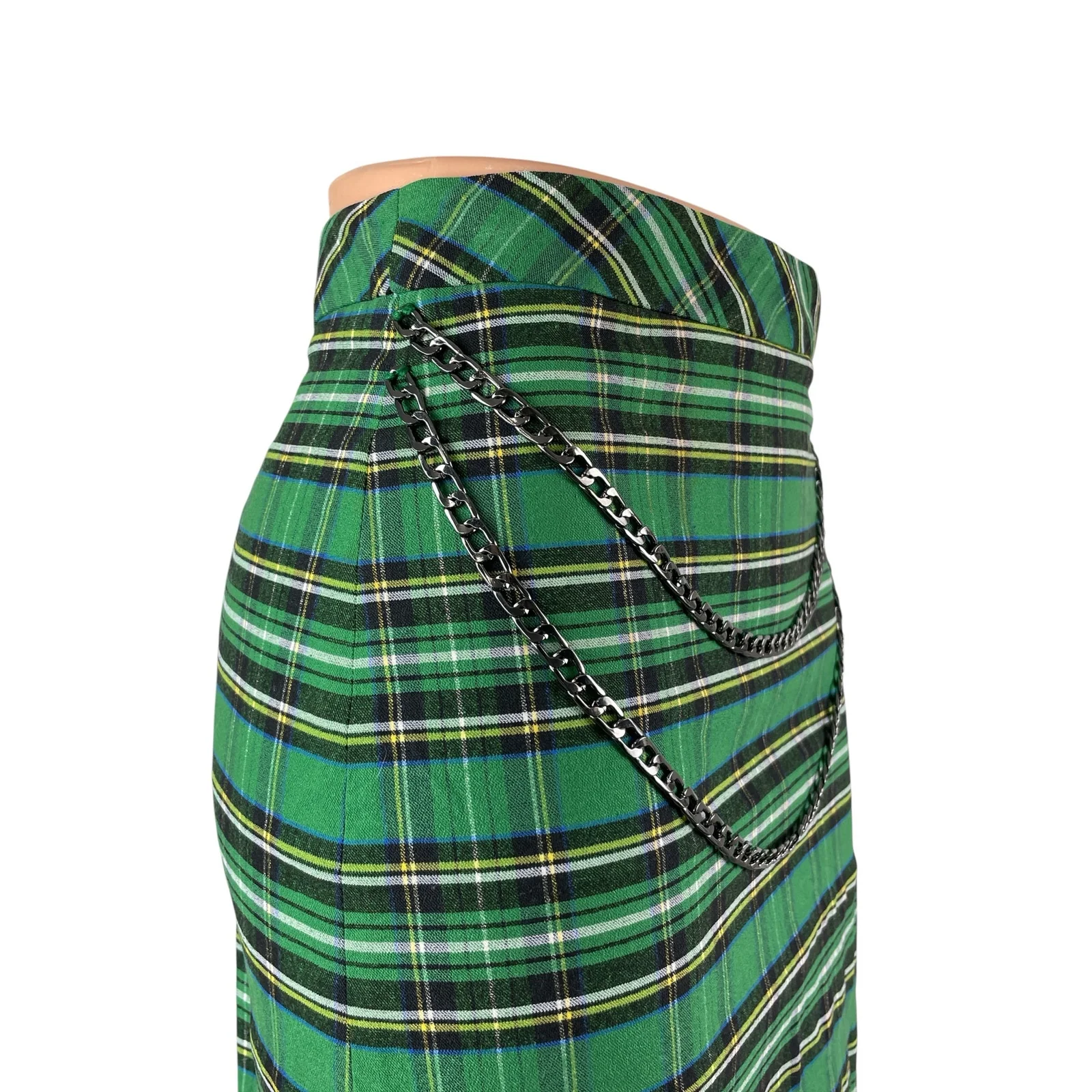 Zara Women's Green Plaid Check Chain High Rise Mini Straight A-Line Skirt Sz XS - Image 4