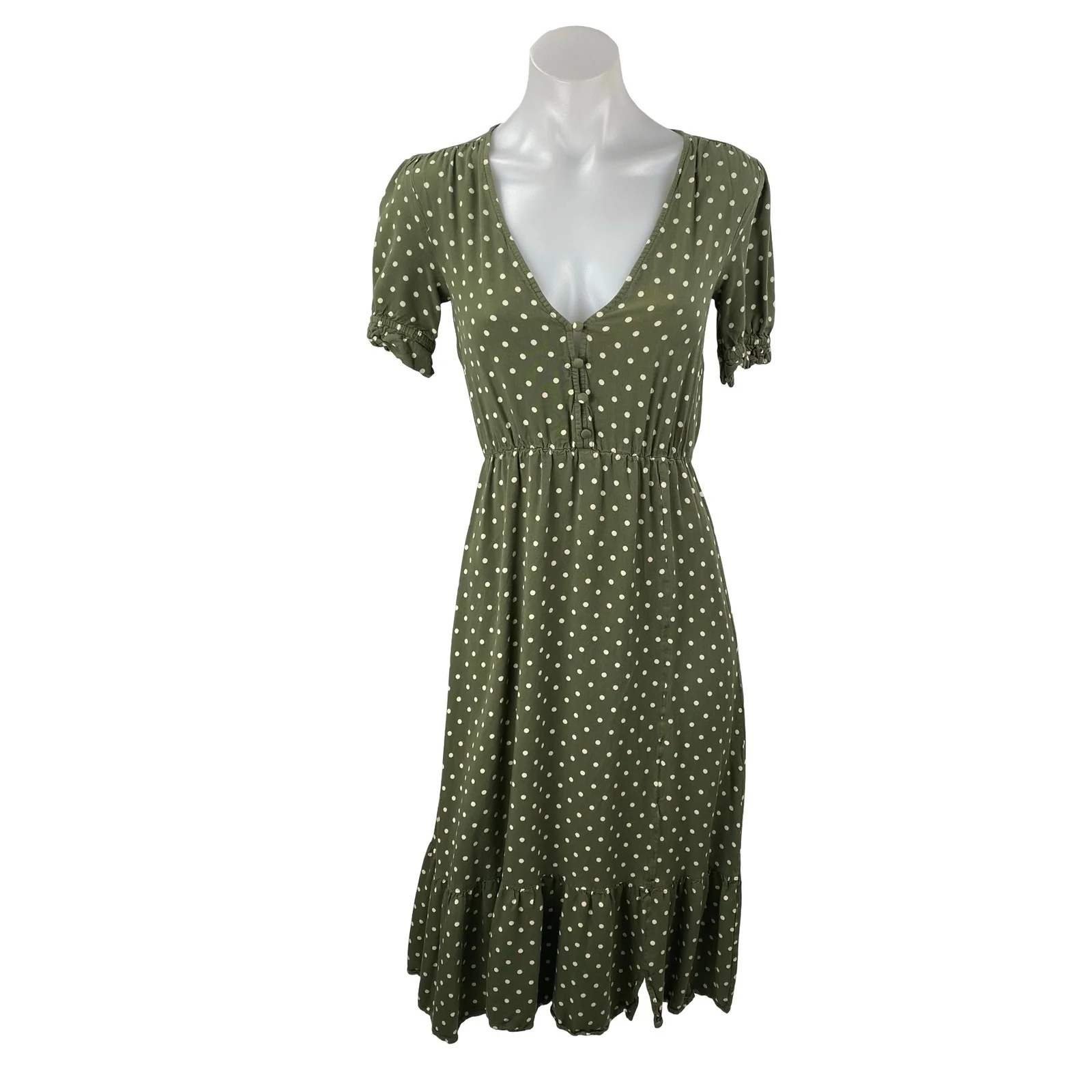 Zara Womens Green Polka Dot V Neck Puff Sleeve Button Midi Flare A-Line Dress XS