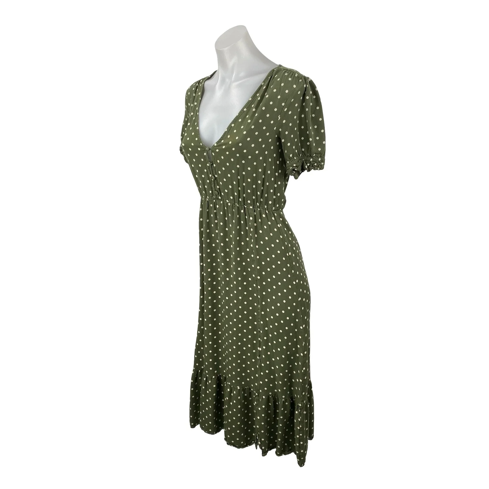 Zara Womens Green Polka Dot V Neck Puff Sleeve Button Midi Flare A-Line Dress XS - Image 3