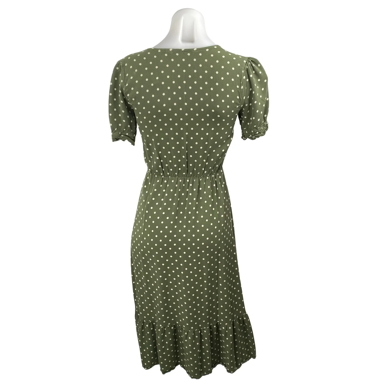 Zara Womens Green Polka Dot V Neck Puff Sleeve Button Midi Flare A-Line Dress XS - Image 4