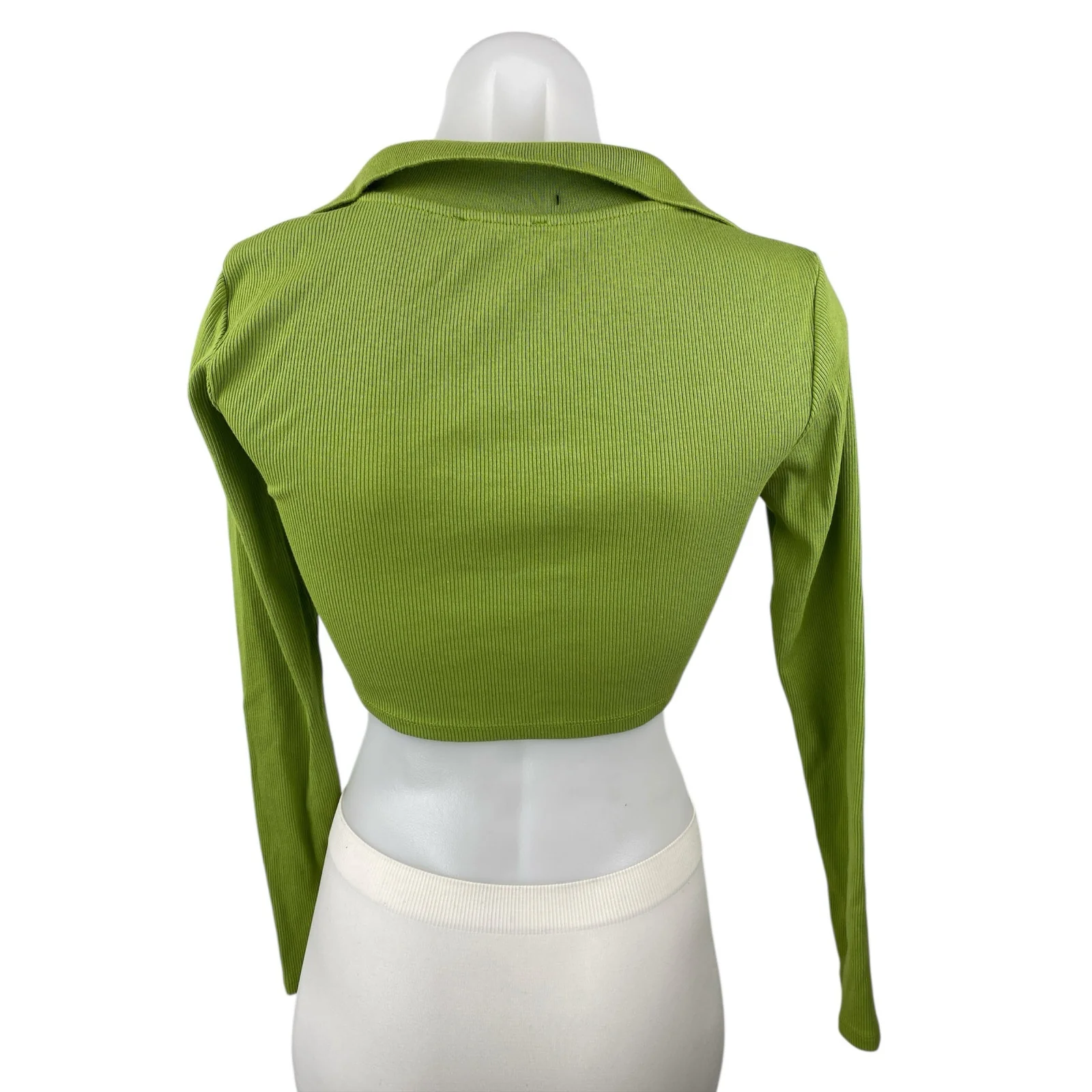 Zara Women's Green Rib Knit Collared V Neck Long Sleeve Crop Polo Shirt Top Sz S - Image 2
