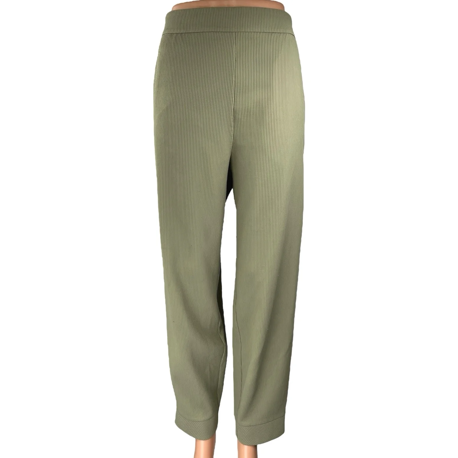 Zara Women's Green Rib Knit High Waist Wide Leg Side Zip Ankle Trousers Pants L