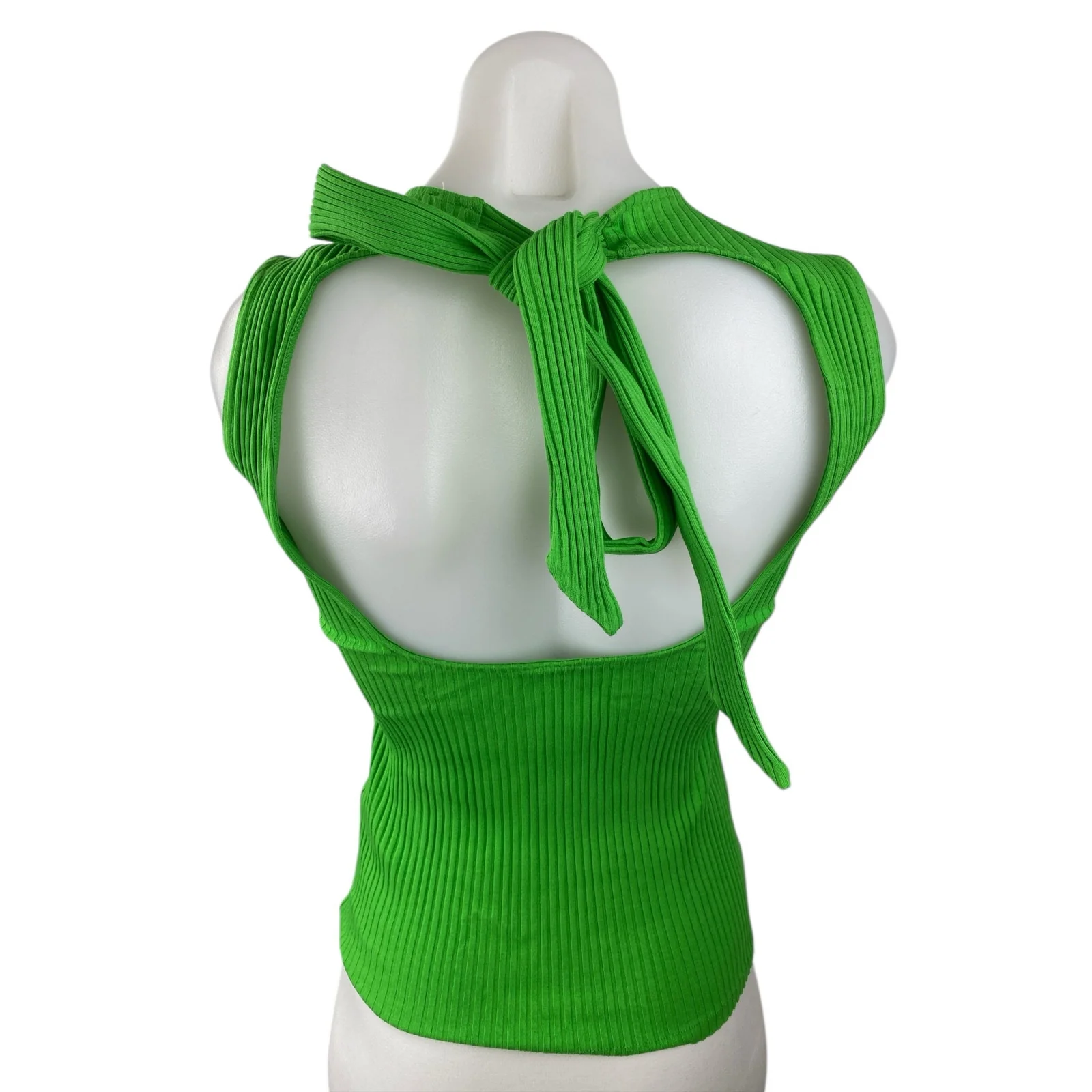 Zara Women's Green Ribbed Knit Sleeveless Open Back Crewneck Tie Tank Top Size L - Image 2