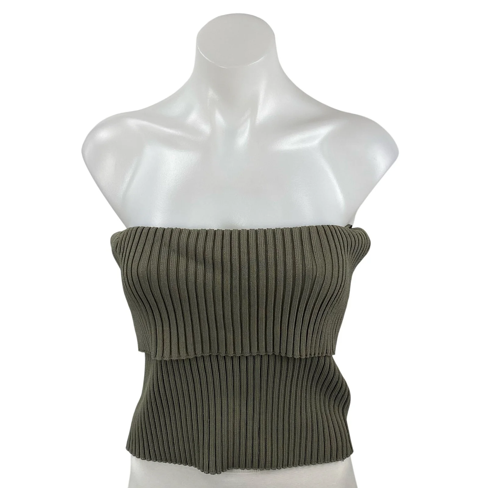 Zara Women's Green Ribbed Knit Sleeveless Strapless Tube Bandeau Slim Crop Top L