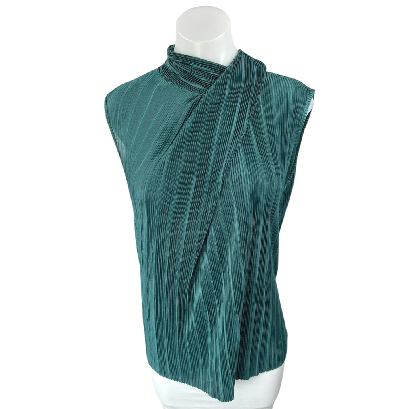 Zara Women's Green Ribbed Pleated Bow Tie Sleeveless Tank Blouse Top Size S