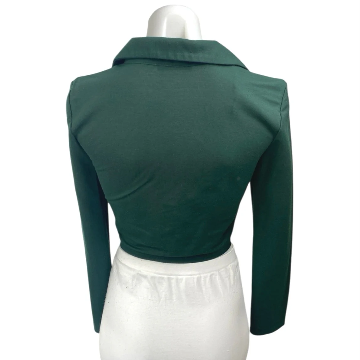 Zara Women's Green Ruched Tie Front Long Sleeve Collared Crop Blouse Top Size S - Image 2