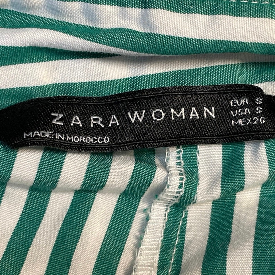 Zara Women's Green Striped Off The Shoulder Ruched Button Down Shirt Top Size S - Image 4