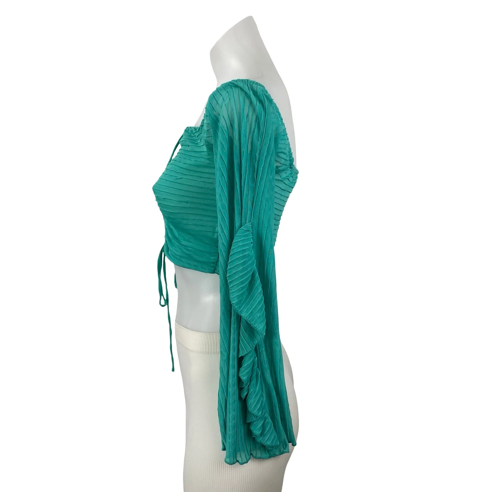 Zara Women's Green Teal Long Sleeve Pleated Tie Ruched Blouse Crop Top Size M - Image 2