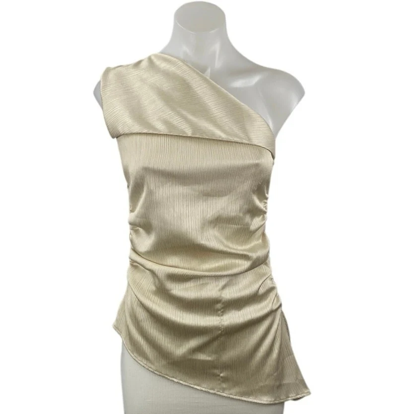 Zara Womens Metallic Satin Draped One Shoulder Sleeveless Asymmetric Tank Top S