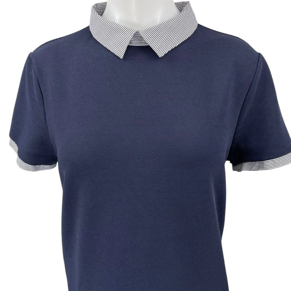 Zara Women's Navy Blue Knit Stripe Collar Short Sleeve Mini Polo Shift Dress L - Image 3