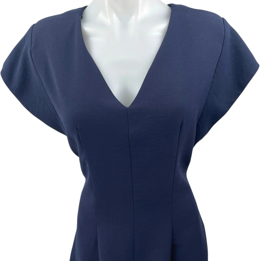 Zara Women's Navy Blue Pleated Short Sleeve V-Neck Midi Pencil Sheath Dress Sz L - Image 3
