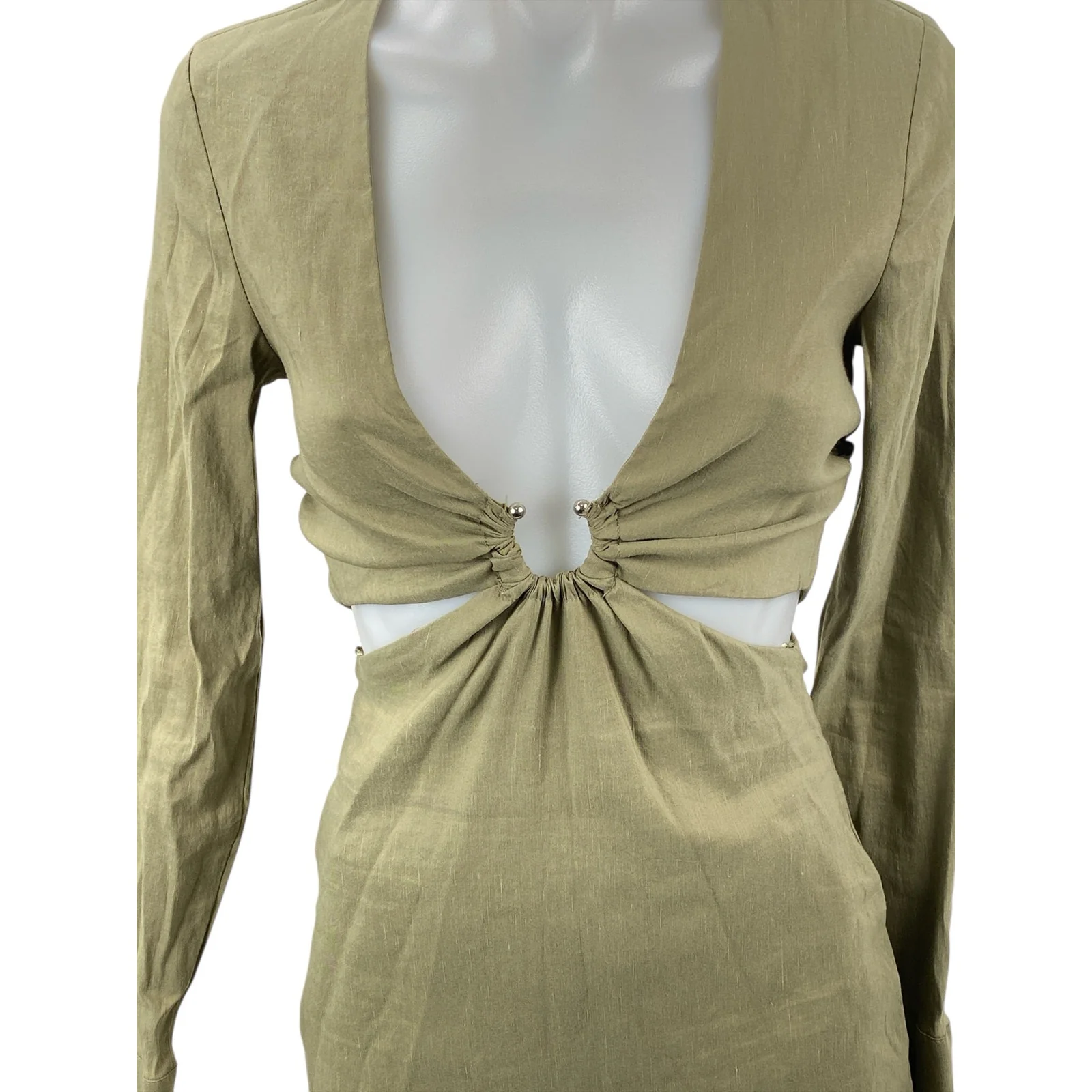 Zara Women's Olive Green Linen V Neck Long Sleeve Cut Out Mini Bodycon Dress XS - Image 2