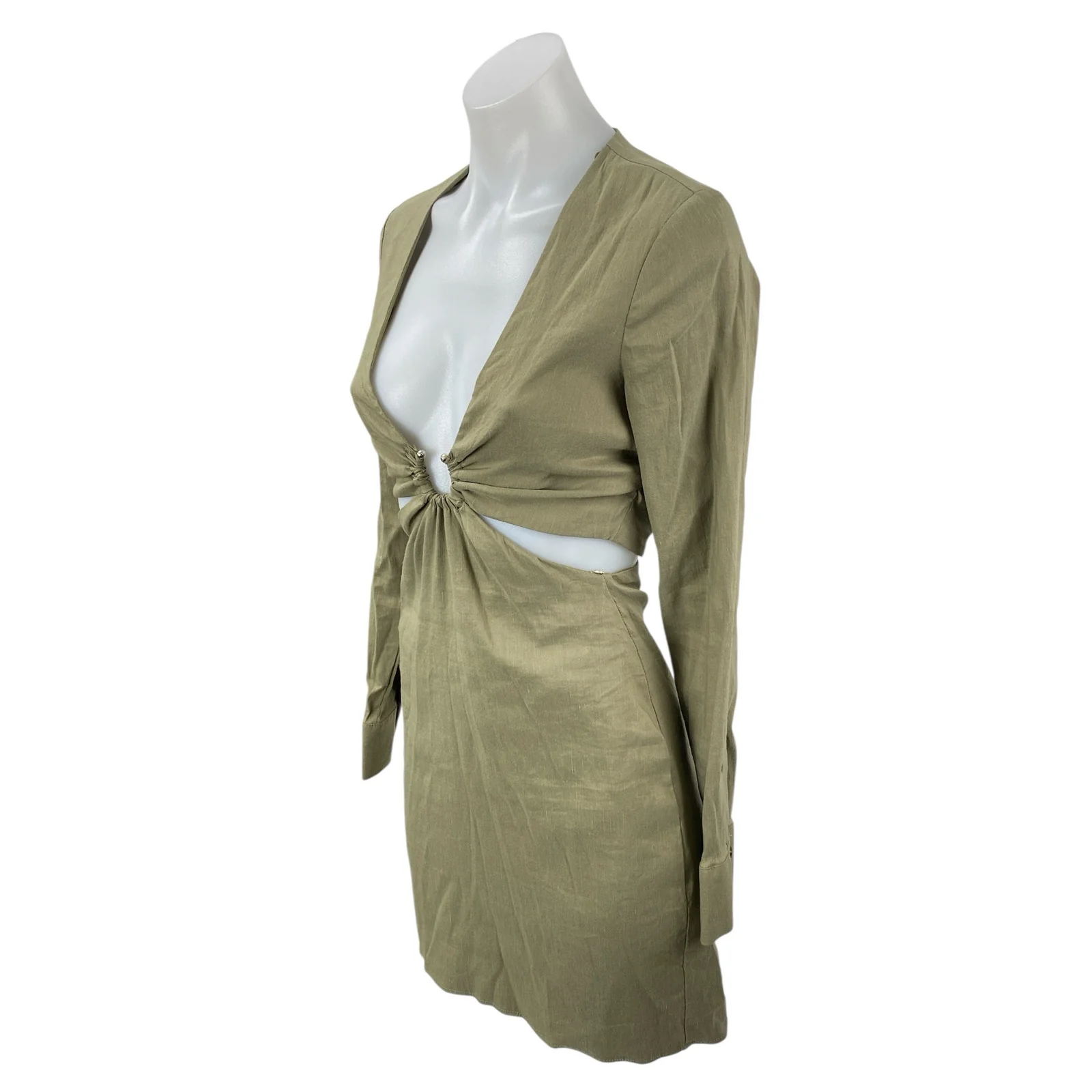 Zara Women's Olive Green Linen V Neck Long Sleeve Cut Out Mini Bodycon Dress XS - Image 3