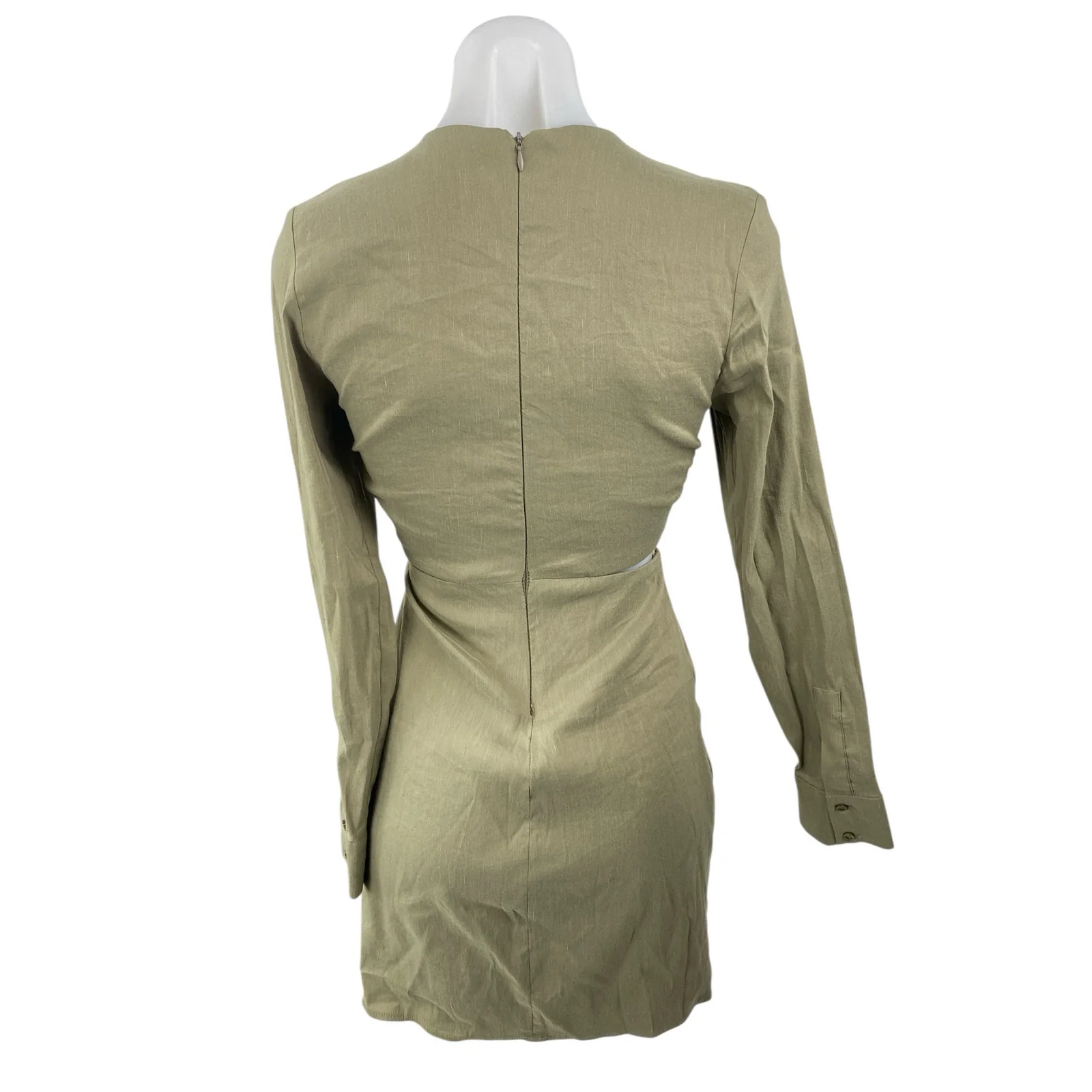 Zara Women's Olive Green Linen V Neck Long Sleeve Cut Out Mini Bodycon Dress XS - Image 4