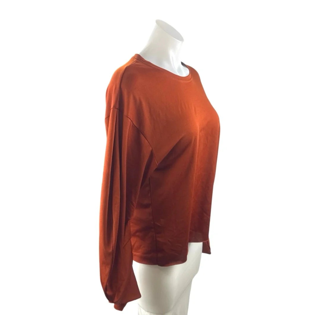 Zara Women's Orange Brown Ruched Long Sleeve Crew Neck Tee T-Shirt Blouse Top M - Image 2