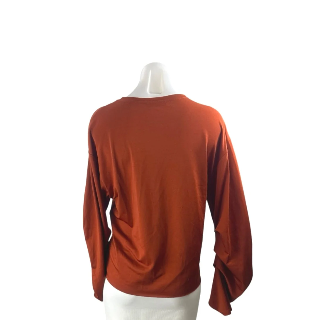 Zara Women's Orange Brown Ruched Long Sleeve Crew Neck Tee T-Shirt Blouse Top M - Image 3