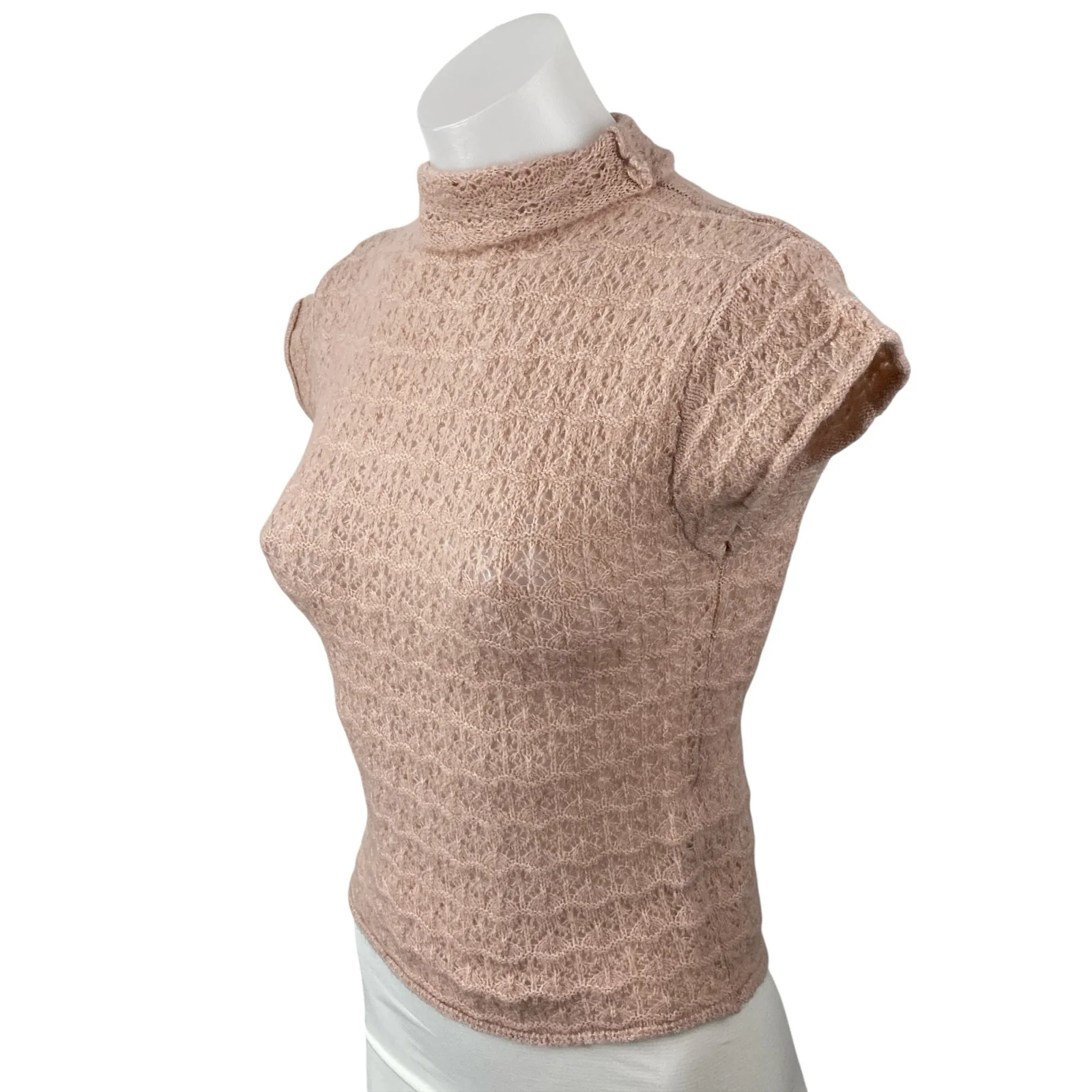 Zara Women's Pink Lace Floral Short Sleeve Mock Neck Knit Blouse Top Size L - Image 2