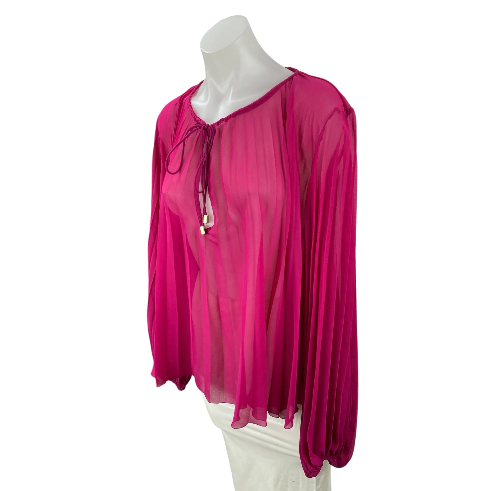 Zara Women's Pink Long Sleeve Mesh Sheer Tie Pleated Plisse Blouse Top Size S - Image 3