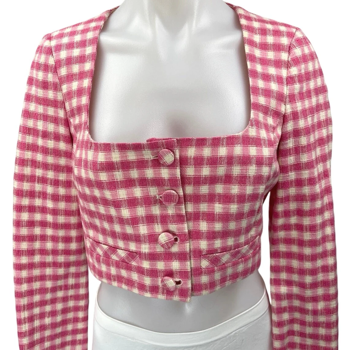 ZARA Women's Pink White Checkered Plaid Long Sleeve Button Shirt Crop Top Size M - Image 3