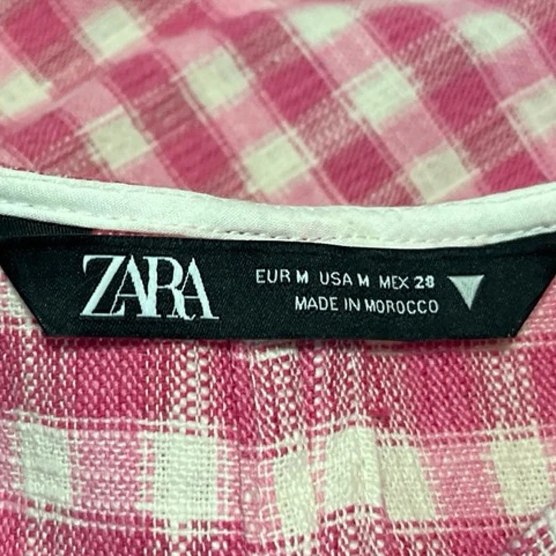 ZARA Women's Pink White Checkered Plaid Long Sleeve Button Shirt Crop Top Size M - Image 4