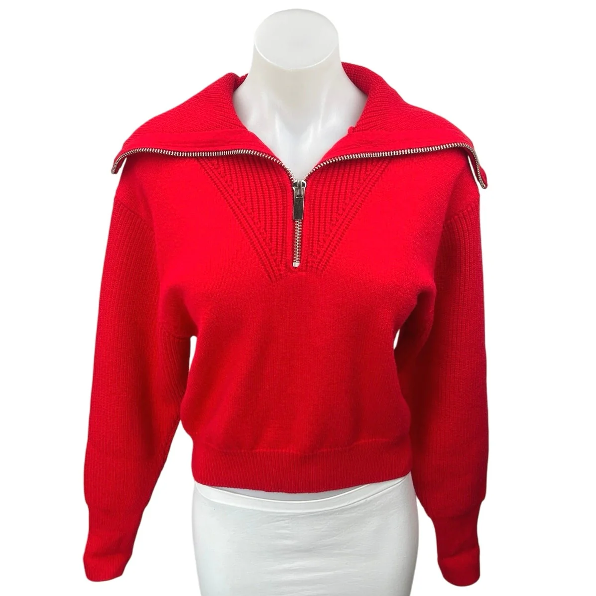 Zara Women's Red Knit 1/4 Zip Collared Long Sleeve Pullover Sweater Top Size L