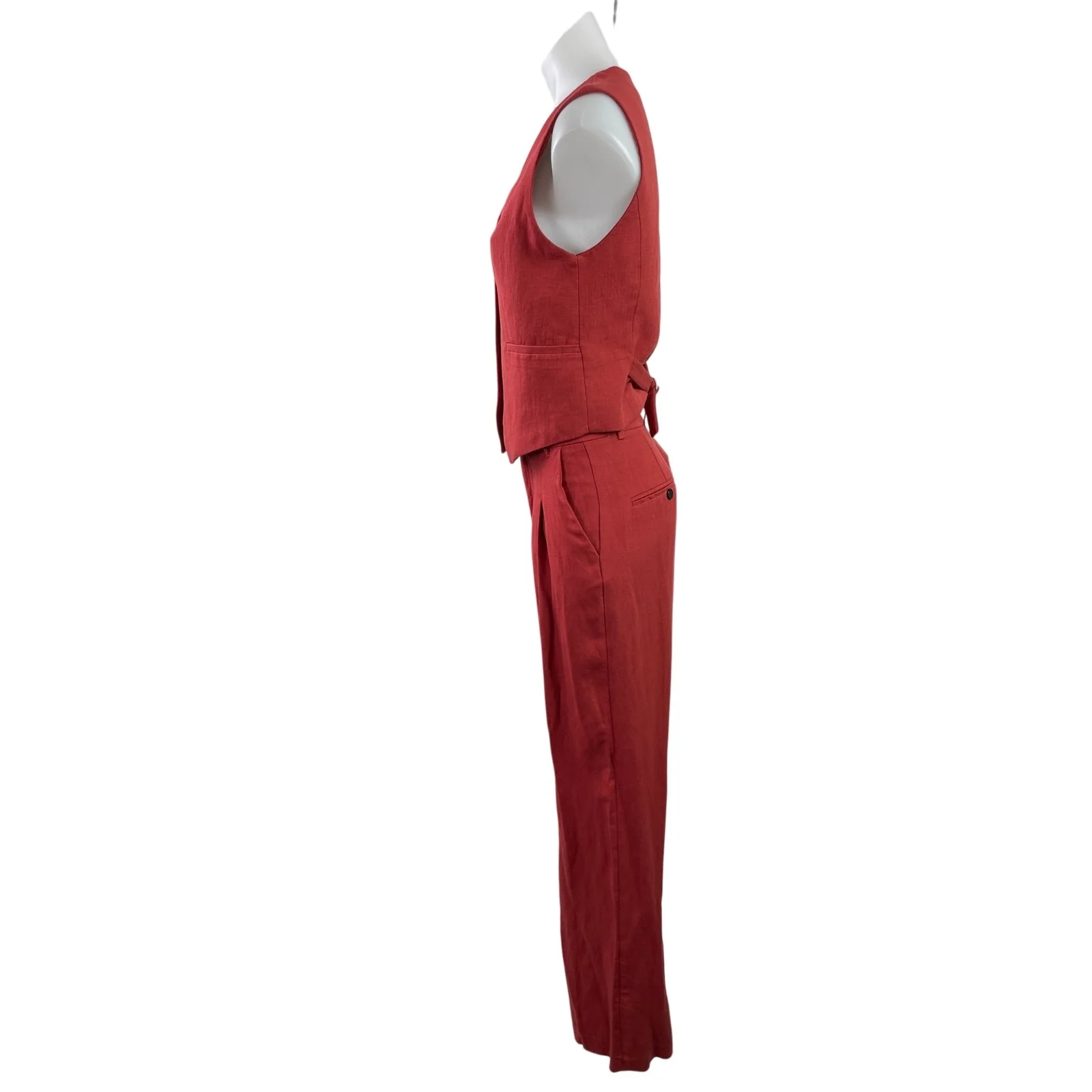 Zara Women's Red Linen Sleeveless Button Up Vest Trousers Pants 2 Piece Set XS - Image 2