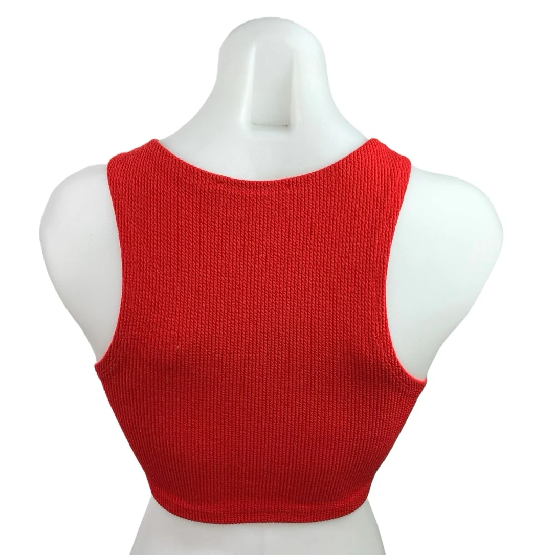 Zara Womens Red Ribbed Sleeveless Snap Button Henley Racerback Crop Tank Top S - Image 2