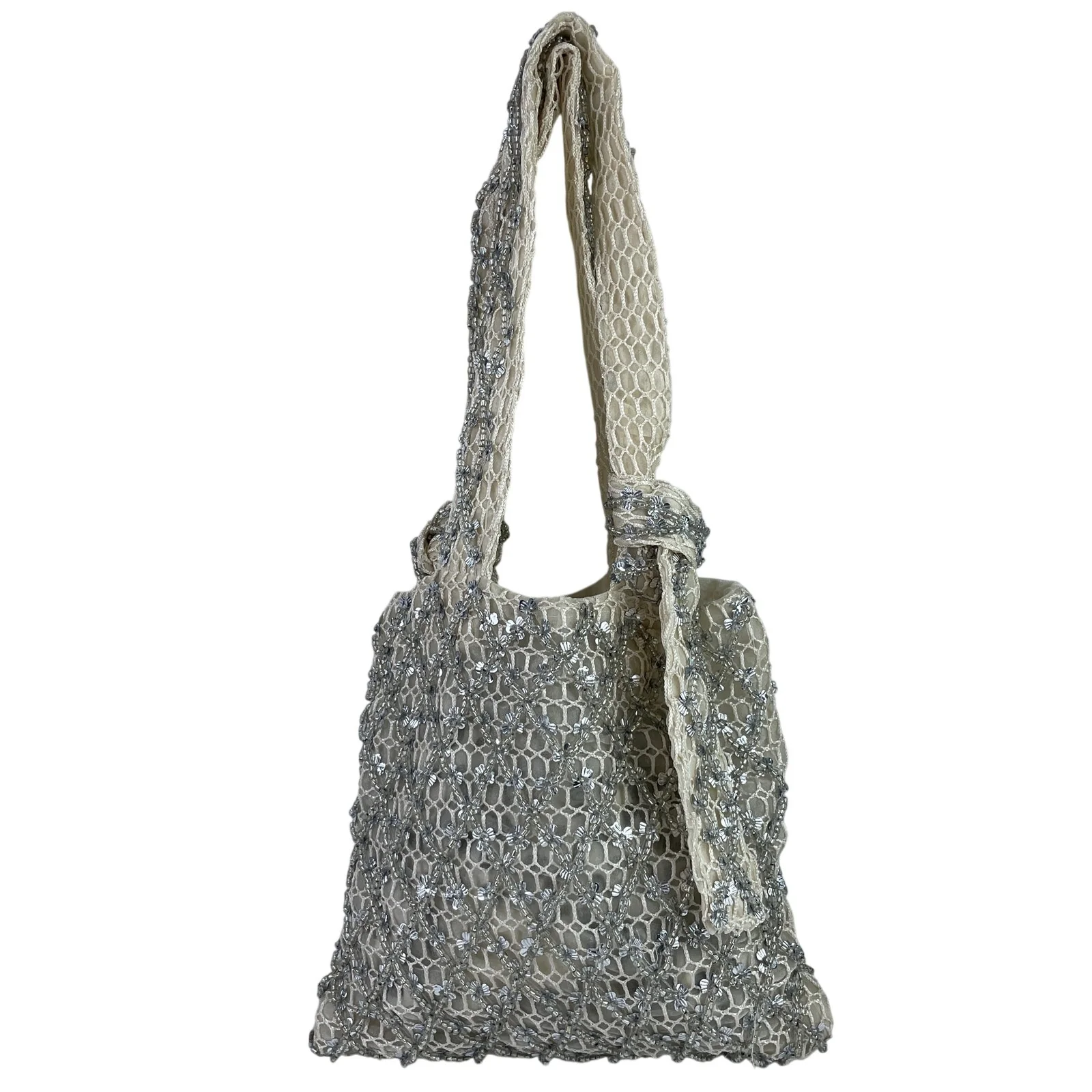Zara Women's Silver Beaded Embellished Mesh Bow Tie Boho Tote Handbag Size OS - Image 2