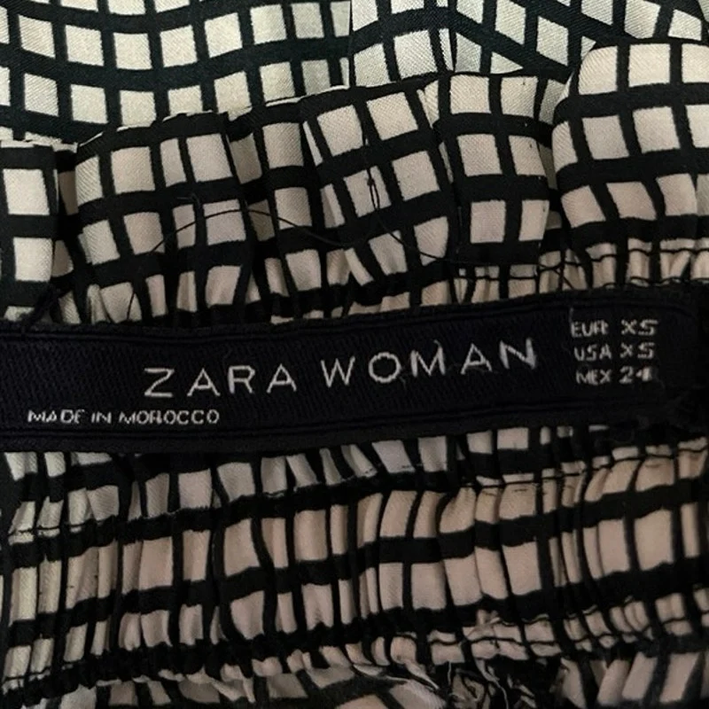 Zara Women's White Black Checkered Tapered Pull On Paperbag Trousers Pants XS - Image 5