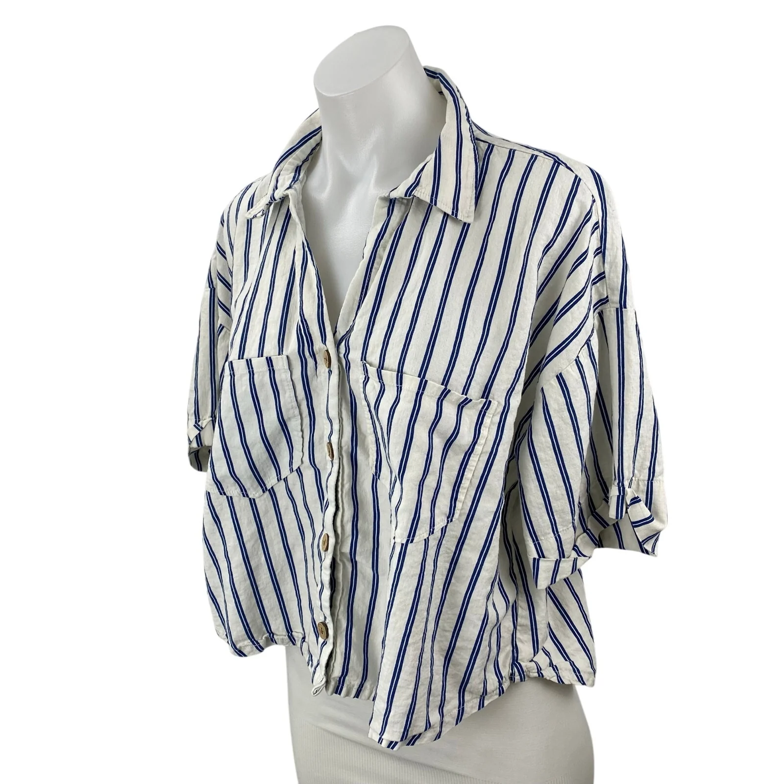 Zara Women's White Blue Striped Short Sleeve Button Down Cropped Shirt Top XL - Image 2