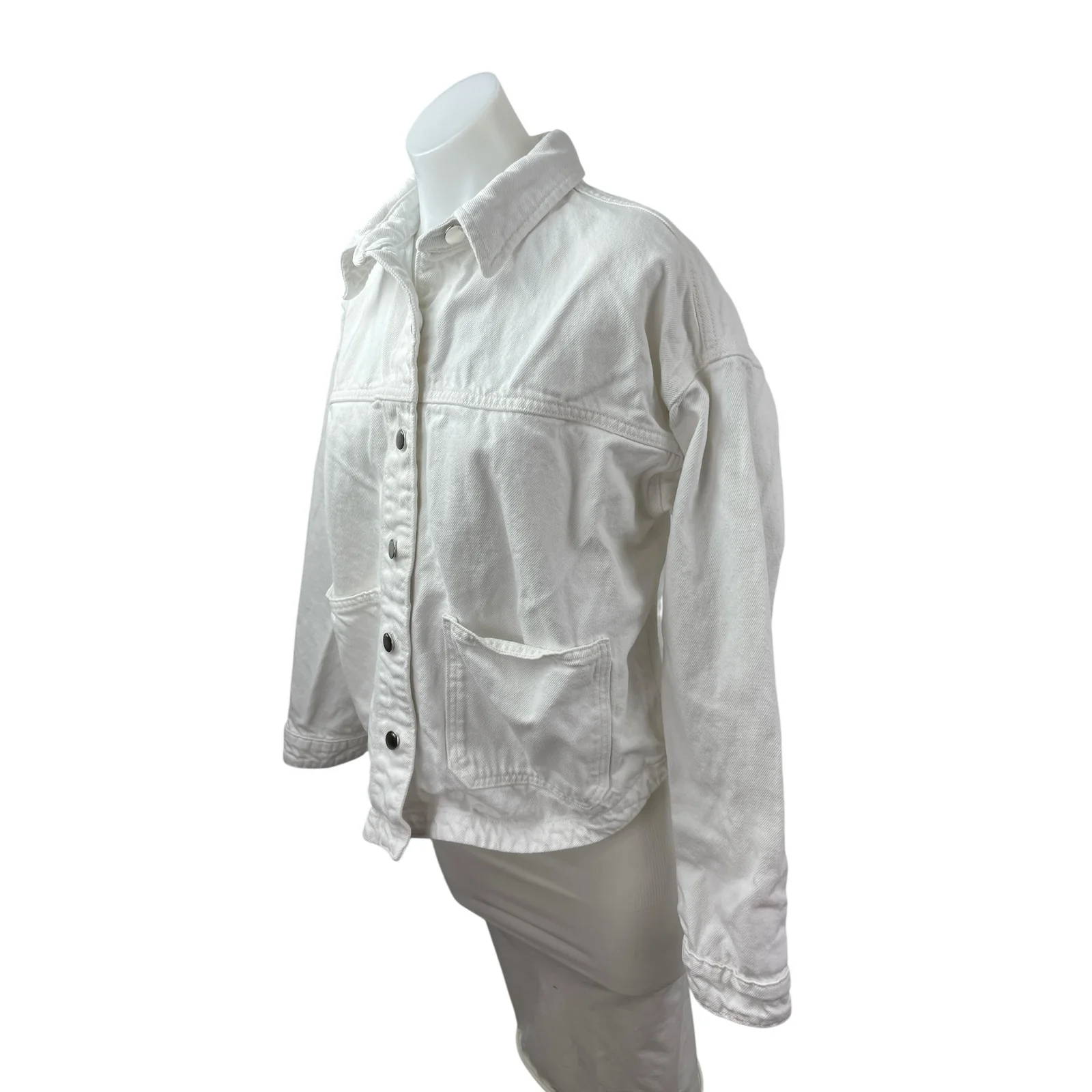 Zara Women's White Collared Long Sleeve Button Down Shirt Denim Coat Jacket M/L - Image 2