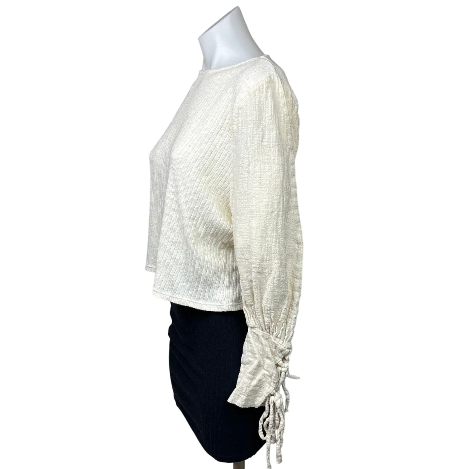 Zara Womens White Cream Ribbed Tie Balloon Sleeve Crop Pullover Sweater Size S - Image 2