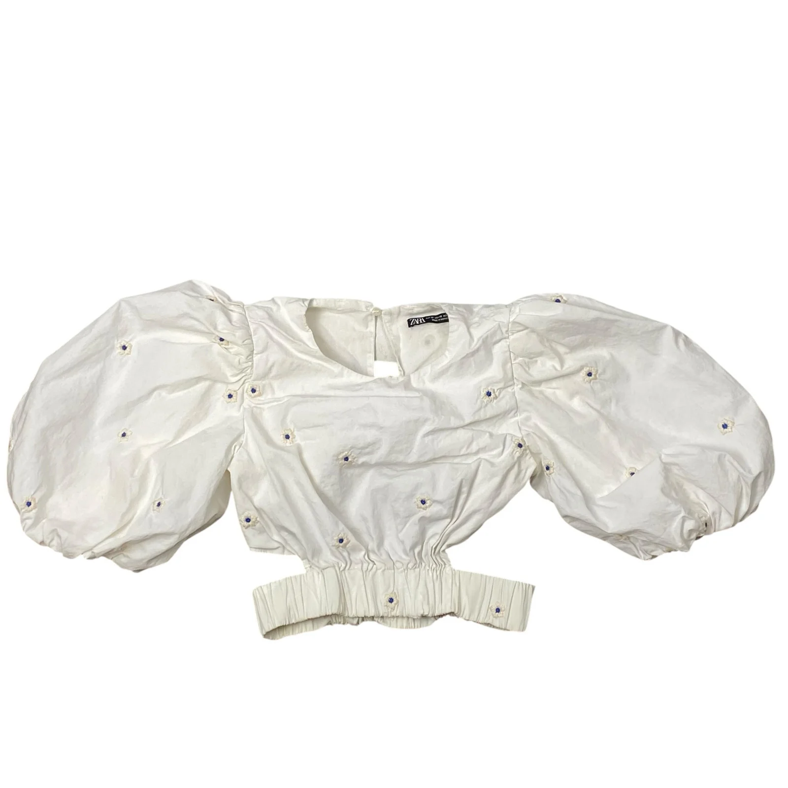 Zara Women's White Floral Embroidered Balloon Sleeves Crop Poplin Blouse Top XS