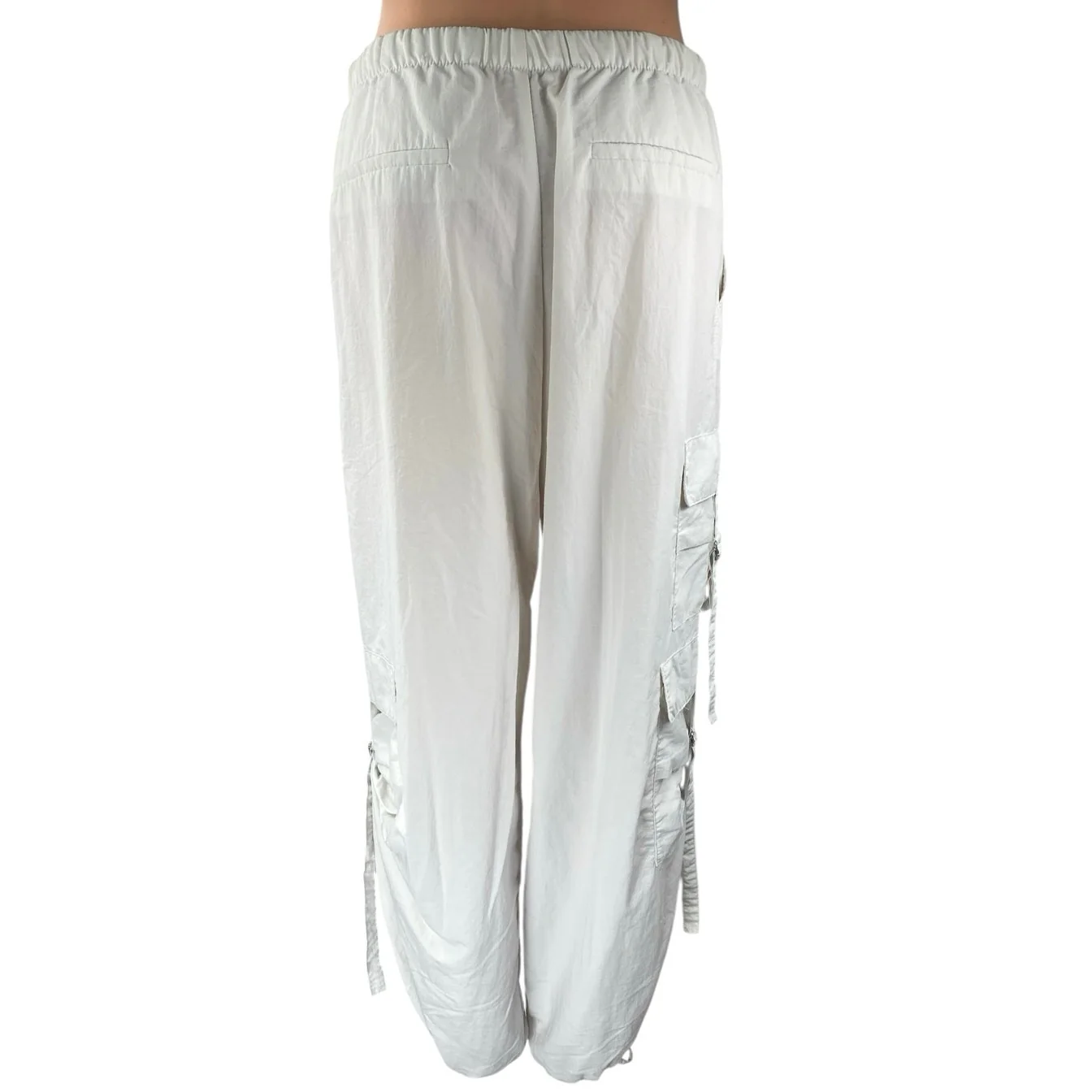 Zara Women's White High Rise Pull On Baggy Straight Trousers Cargo Pants Size S - Image 3