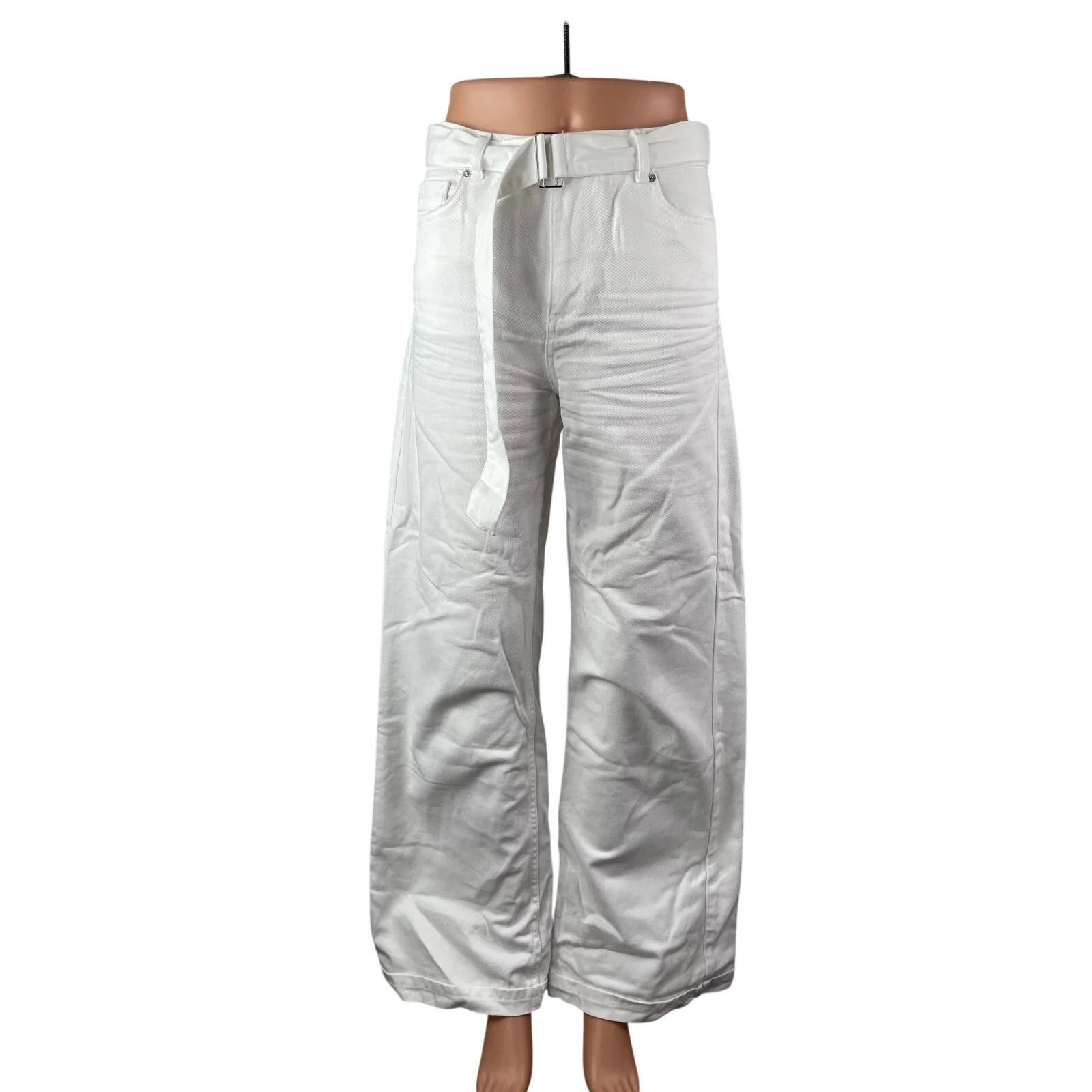 Zara Women's White High Waisted Belted Wide Leg Baggy Palazzo Denim Jeans Size 4