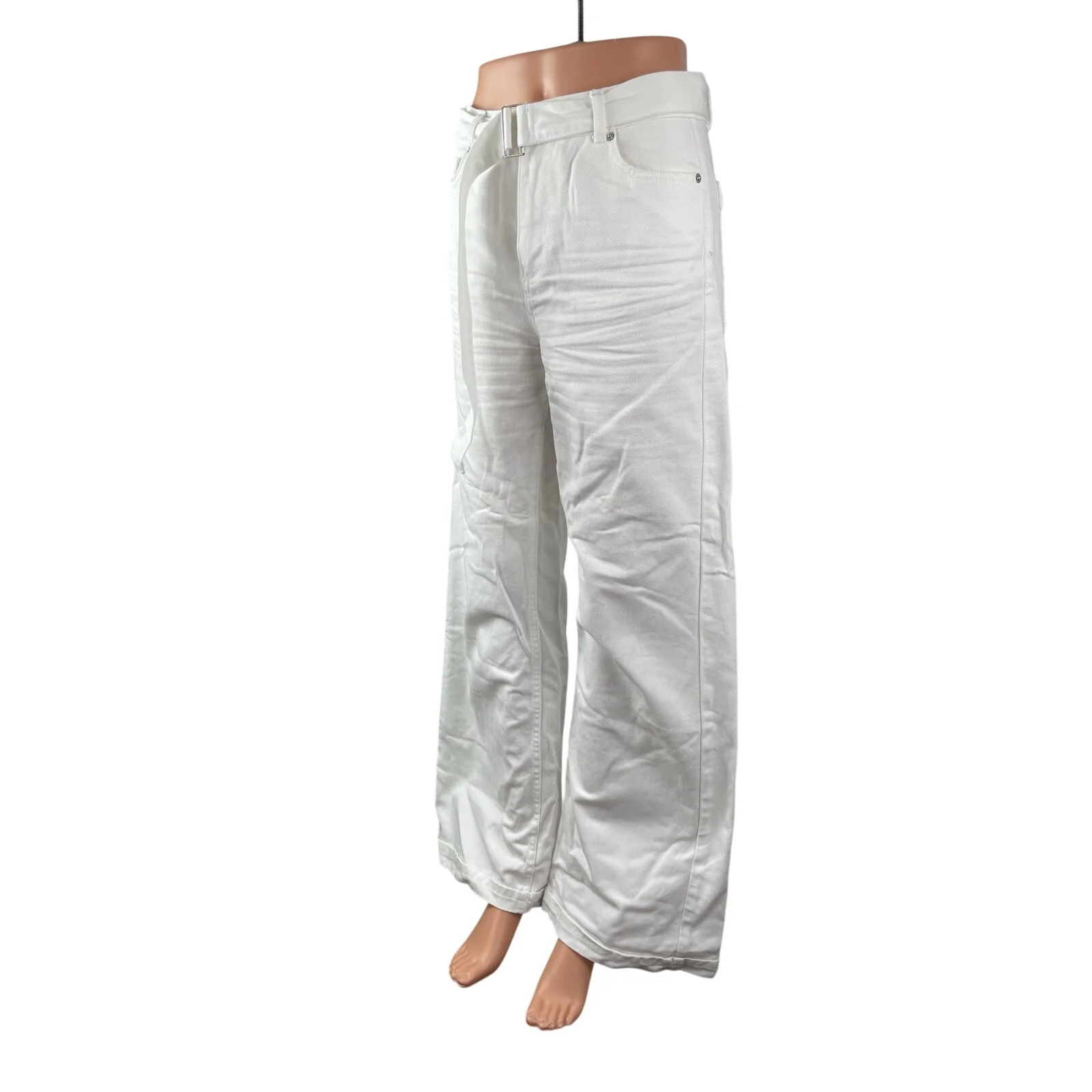 Zara Women's White High Waisted Belted Wide Leg Baggy Palazzo Denim Jeans Size 4 - Image 4