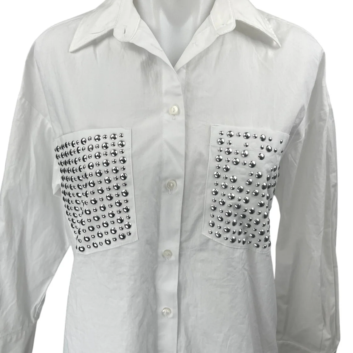 Zara Women's White Long Sleeve Studded Bead Pockets Button Up Shirt Top Size XS - Image 3