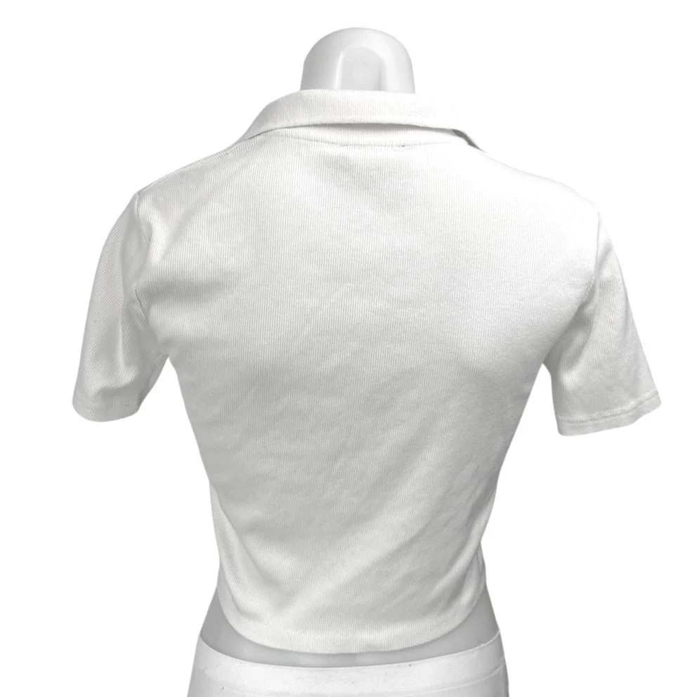 Zara Women's White Rib Knit Short Sleeve Collar V-neck Crop Sweater Top Size L - Image 2