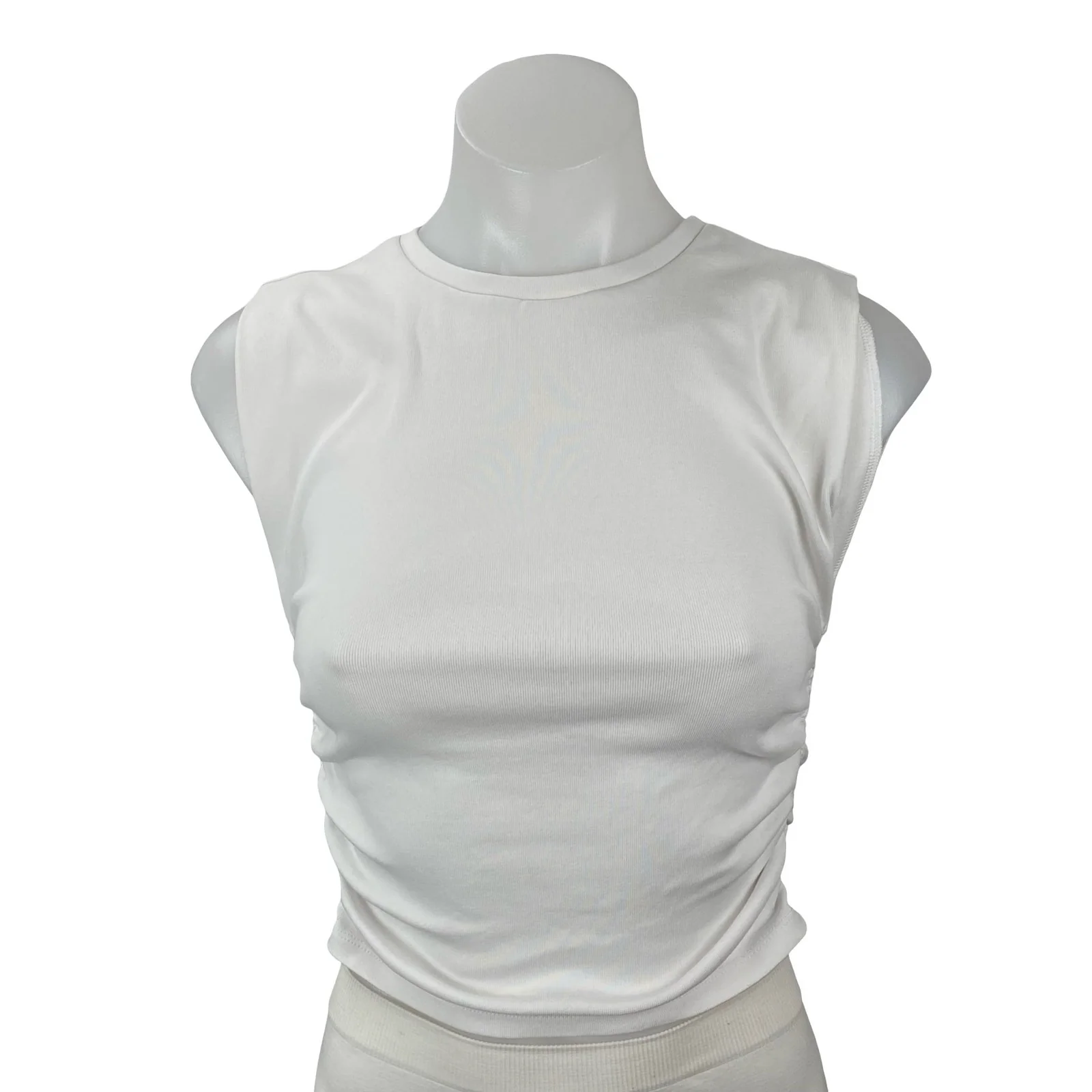 Zara Women's White Ruched Crew Neck Sleeveless Minimalist Casual Crop Tank Top M
